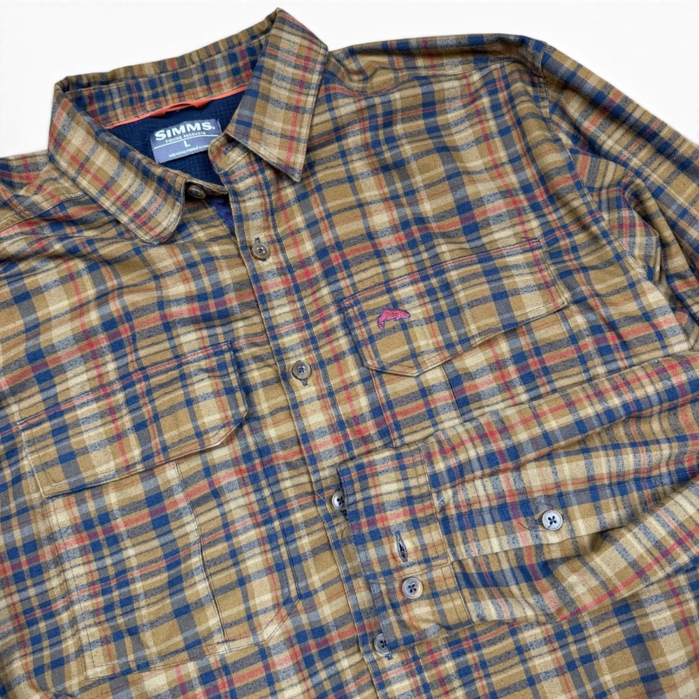 Simms Mens Plaid Waffle Lined Long Sleeve Fishing Shirt Tan Blue Large Flannel